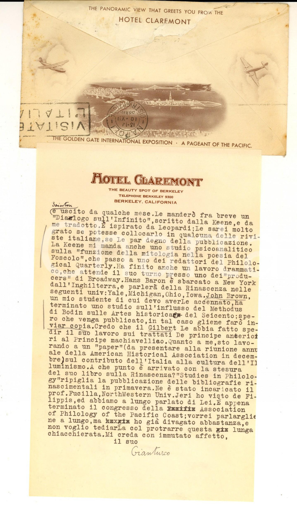 Autografo originale 1938 BERKELEY Elio GIANTURCO sulla pubblicazione di un opera italiana Autografo 1