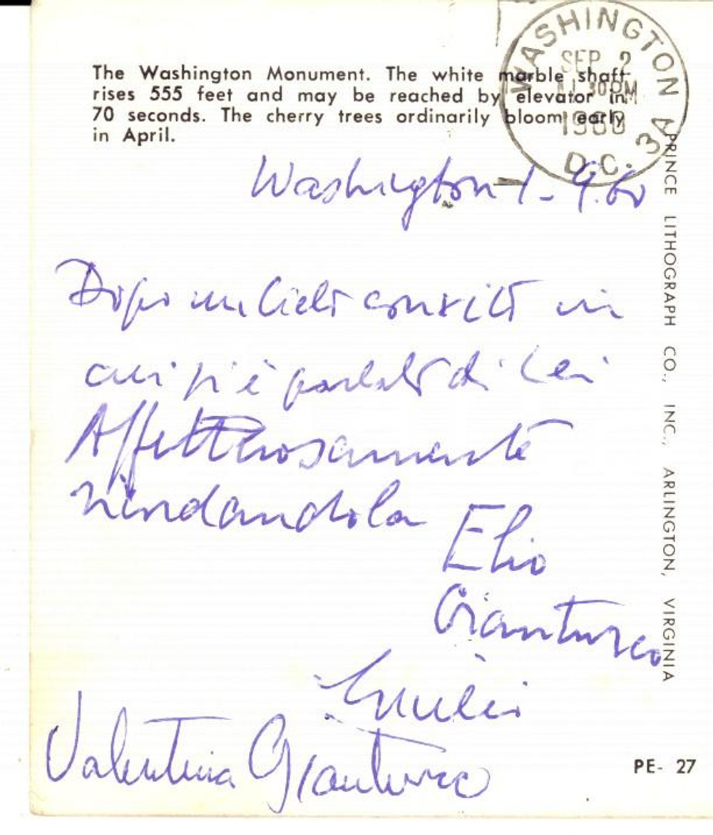 Autografo originale 1960 WASHINGTON Elio GIANTURCO  Cartolina postale a un collega  Autografo 1