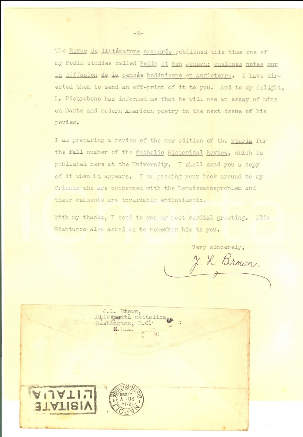 Autografo originale 1940 WASHINGTON John LACKAY BROWN ringrazia per un volume  Autografo 1