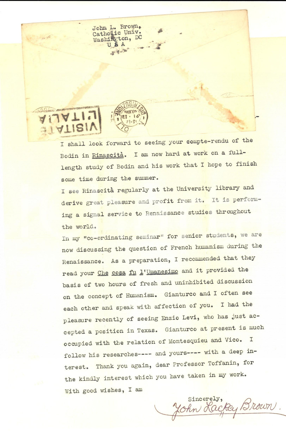 Autografo originale 1940 WASHINGTON John LACKAY BROWN e un opera sull Umanesimo  Autografo 1
