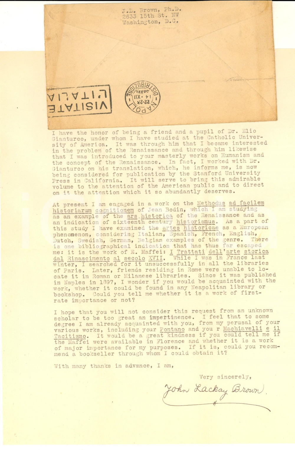 Autografo originale 1933 WASHINGTON John LACKAY BROWN al lavoro su Jean Bodin  Autografo 1