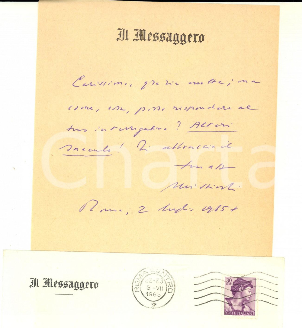 Autografo originale 1965 ROMA IL MESSAGGERO Lettera Mario MISSIROLI per ringraziamento AUTOGRAFO 1