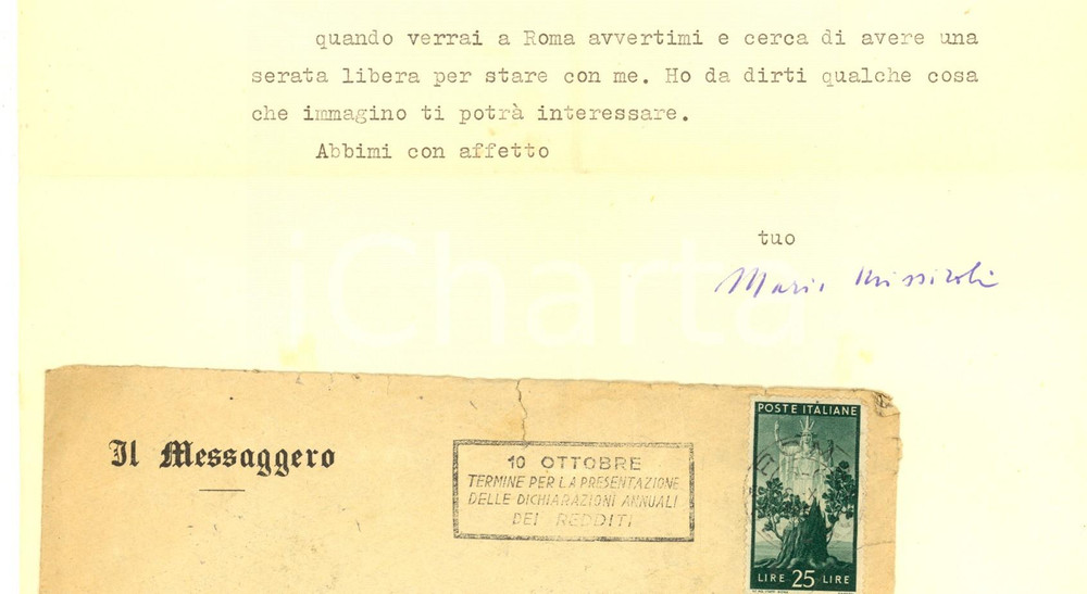 Autografo originale 1951 ROMA IL MESSAGGERO Lettera Mario MISSIROLI per appuntamento  AUTOGRAFO 1