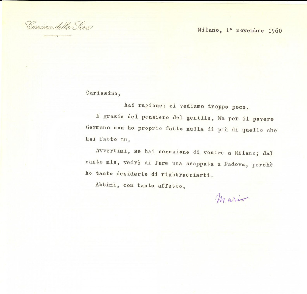 1960 MILANO CORRIERE DELLA SERA Lettera Mario MISSIROLI a un amico *Autografo