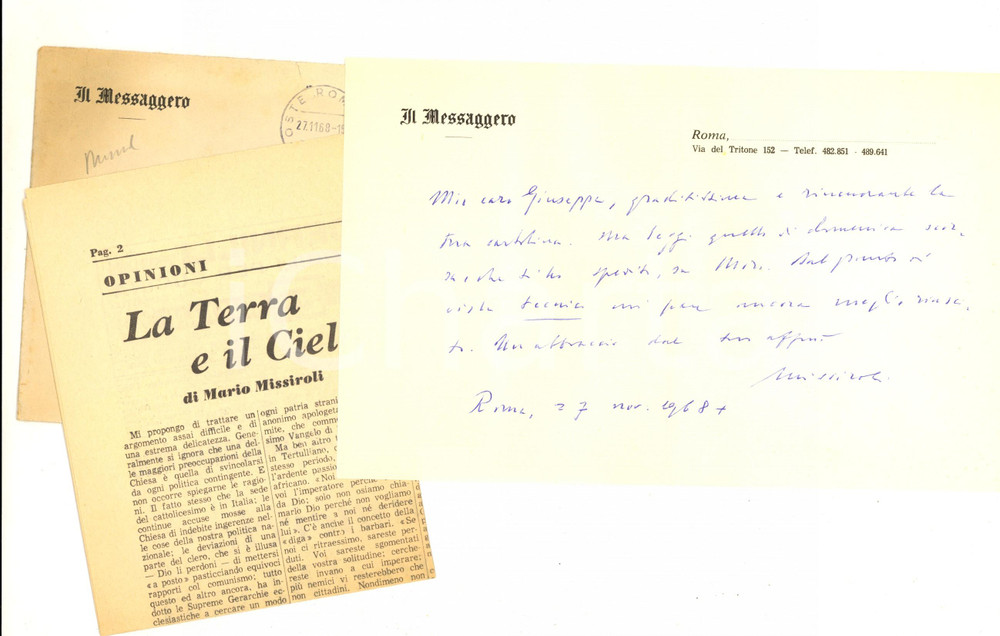 Autografo originale 1968 ROMA IL MESSAGGERO Mario MISSIROLI invia articolo a un collega  Autografo 1