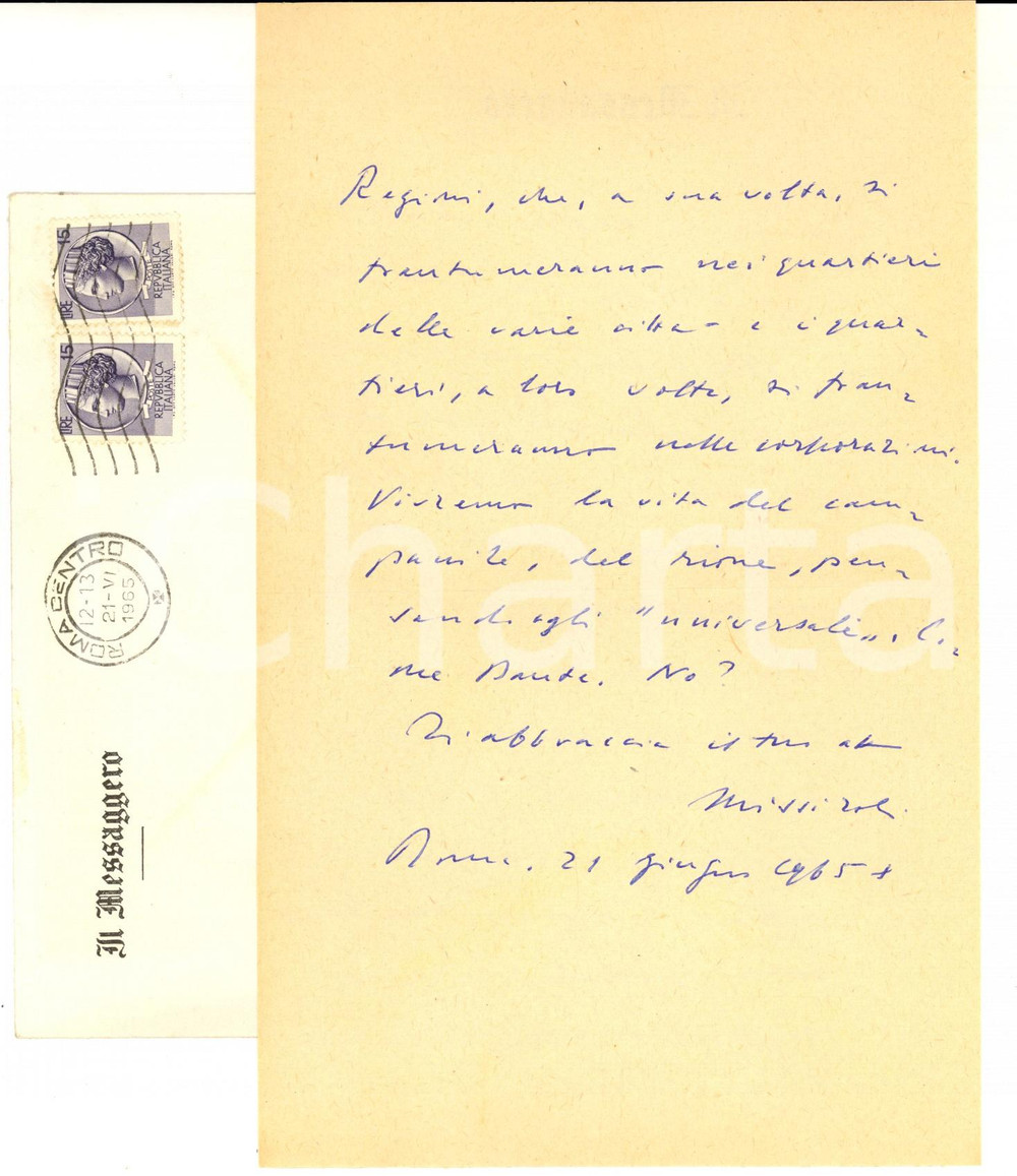 Autografo originale 1965 ROMA IL MESSAGGERO Mario MISSIROLI invita un amico a Roma Autografo 1