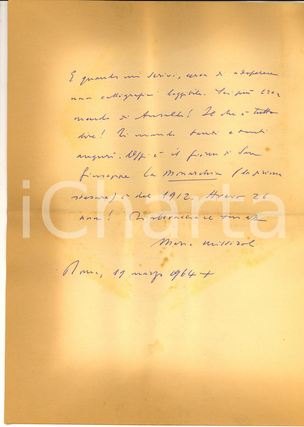 Autografo originale 1964 ROMA Mario MISSIROLI su Monarchia socialista e Mussolini Autografo 1