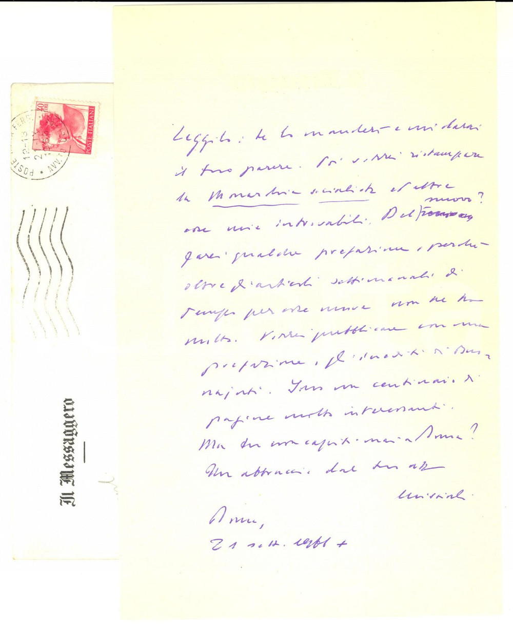 Autografo originale 1961 ROMA IL MESSAGGERO Mario MISSIROLI e i suoi studi sul fascismo Autografo 1