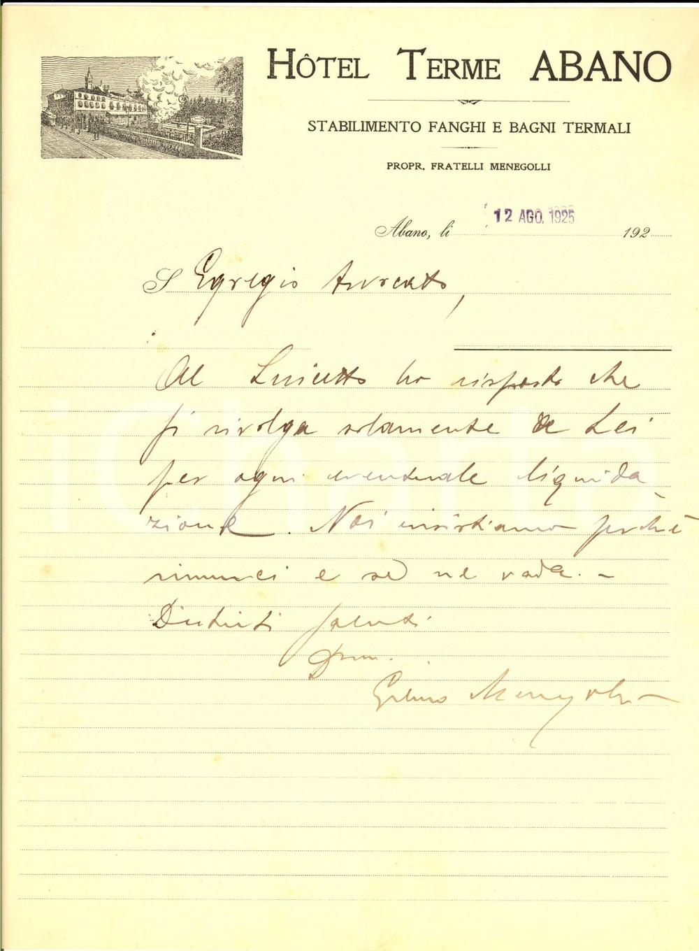 Documento originale, autentico 1925 ABANO Hotel TERME  Stabilimento fanghi  Lettera su carta intestata 1