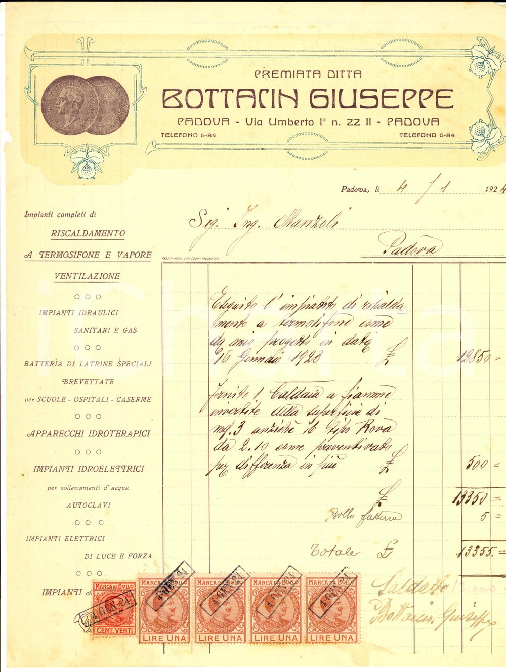 Documento originale, autentico 1924 PADOVA Premiata ditta BOTTACIN Giuseppe  Impianti  Fattura intestata 1