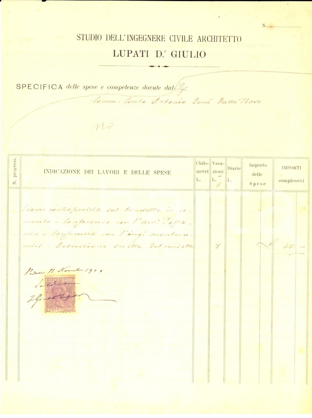 Documento originale, autentico 1901 PADOVA Ing. Giulio LUPATI  Fattura intestata per perizia con bollo 1