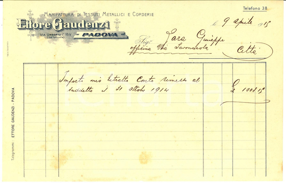 1915 PADOVA Ettore GAUDENZI Manifattura tessuti metallici - Conto intestato