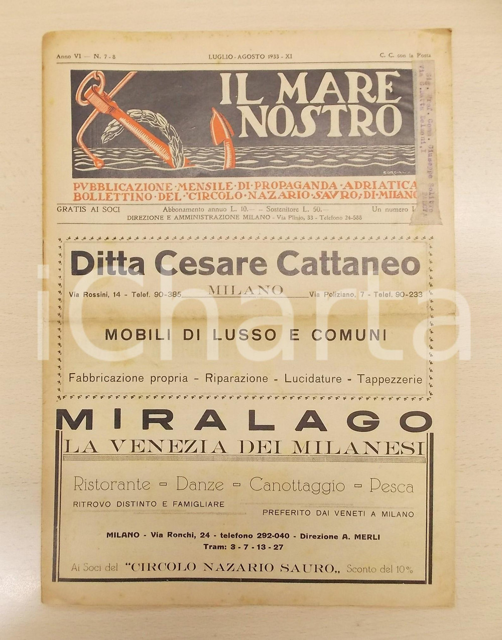 Giornale, rivista storica 1933 IL MARE NOSTRO Mostra pittore Adriano BOGONI a Portese  Rivista 1