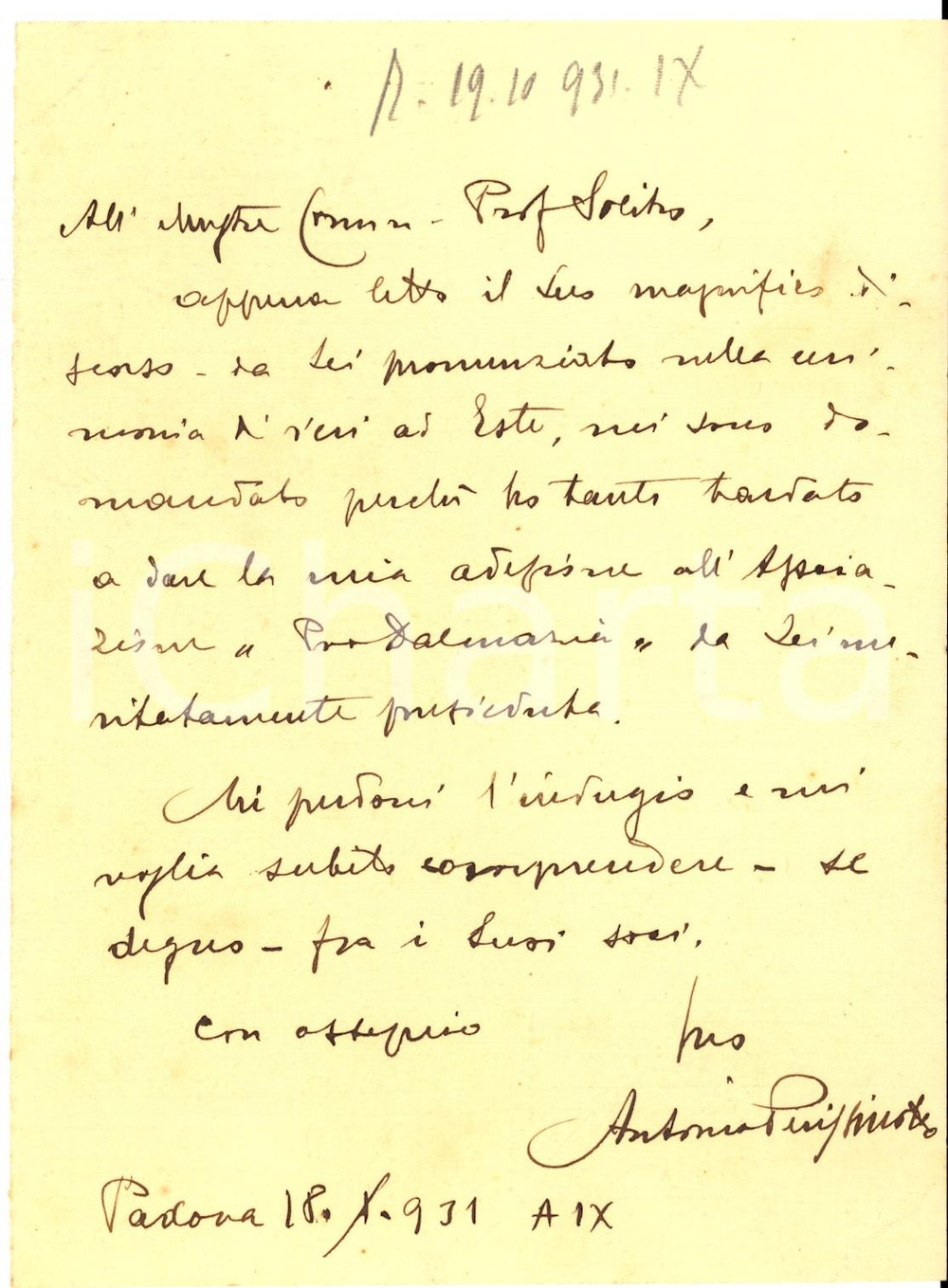 Documento originale, autentico 1931 PADOVA Prof. Antonio PERISSINOTTO aderisce all Associazione Pro Dalmazia 1