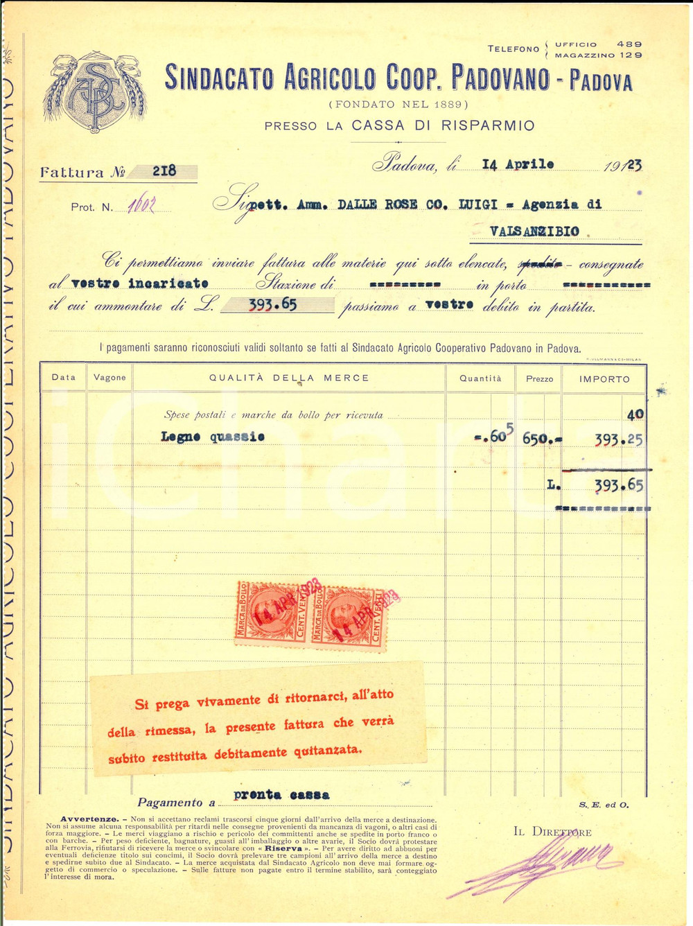 Documento originale, autentico 1923 PADOVA Sindacato Agricolo Coop. Padovano  Fattura su carta intestata 1