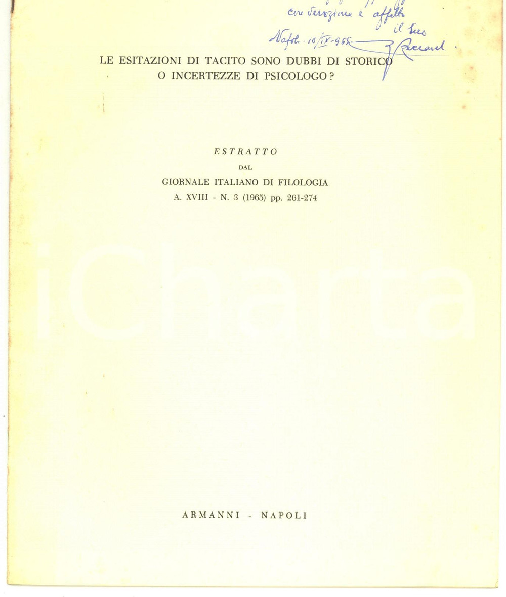 Libro, pubblicazione d epoca 1965 Ugo ZUCCARELLI Le esitazioni di Tacito sono dubbi di storico  Autografo 1