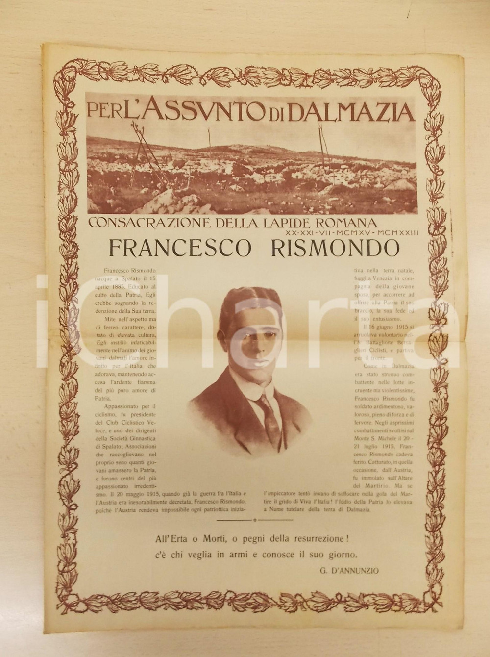 Giornale, rivista storica 1923 UDINE Consacrazione lapide romana a Francesco RISMONDO  Fascicolo 8 pp. 1