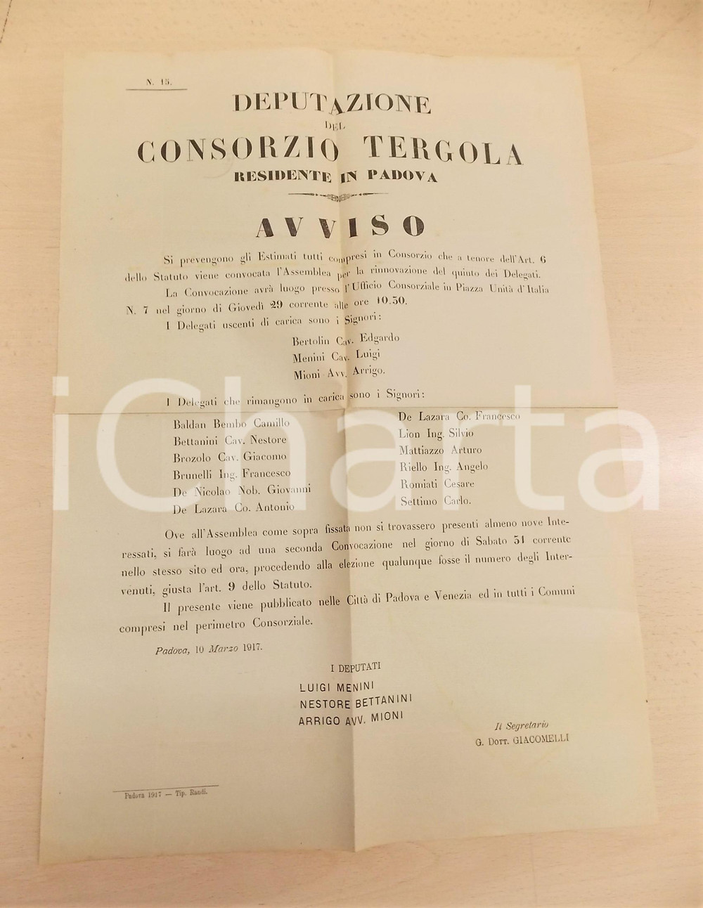 Documento originale, autentico 1917 PADOVA Deputazione Consorzio TERGOLA  Avviso per assemblea delegati 35x50 1