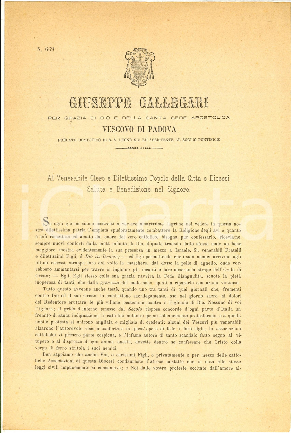 Documento originale, autentico 1886 PADOVA Discorso mons. Giuseppe CALLEGARI per festa Sacro Cuore di GesÃ¹ 1