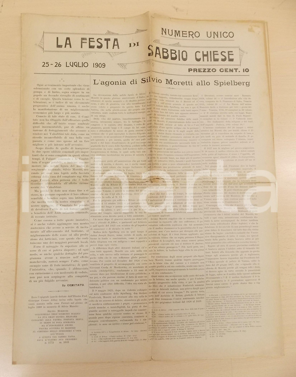 Giornale, rivista storica 1909 LA FESTA DI SABBIO CHIESE  Agonia Silvio MORETTI NUMERO unico DANNEGGIATO 1