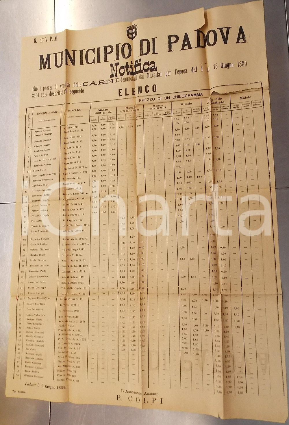 1889 PADOVA Prezzo della carne denunciato dai macellai *Manifesto DANNEGGIATO