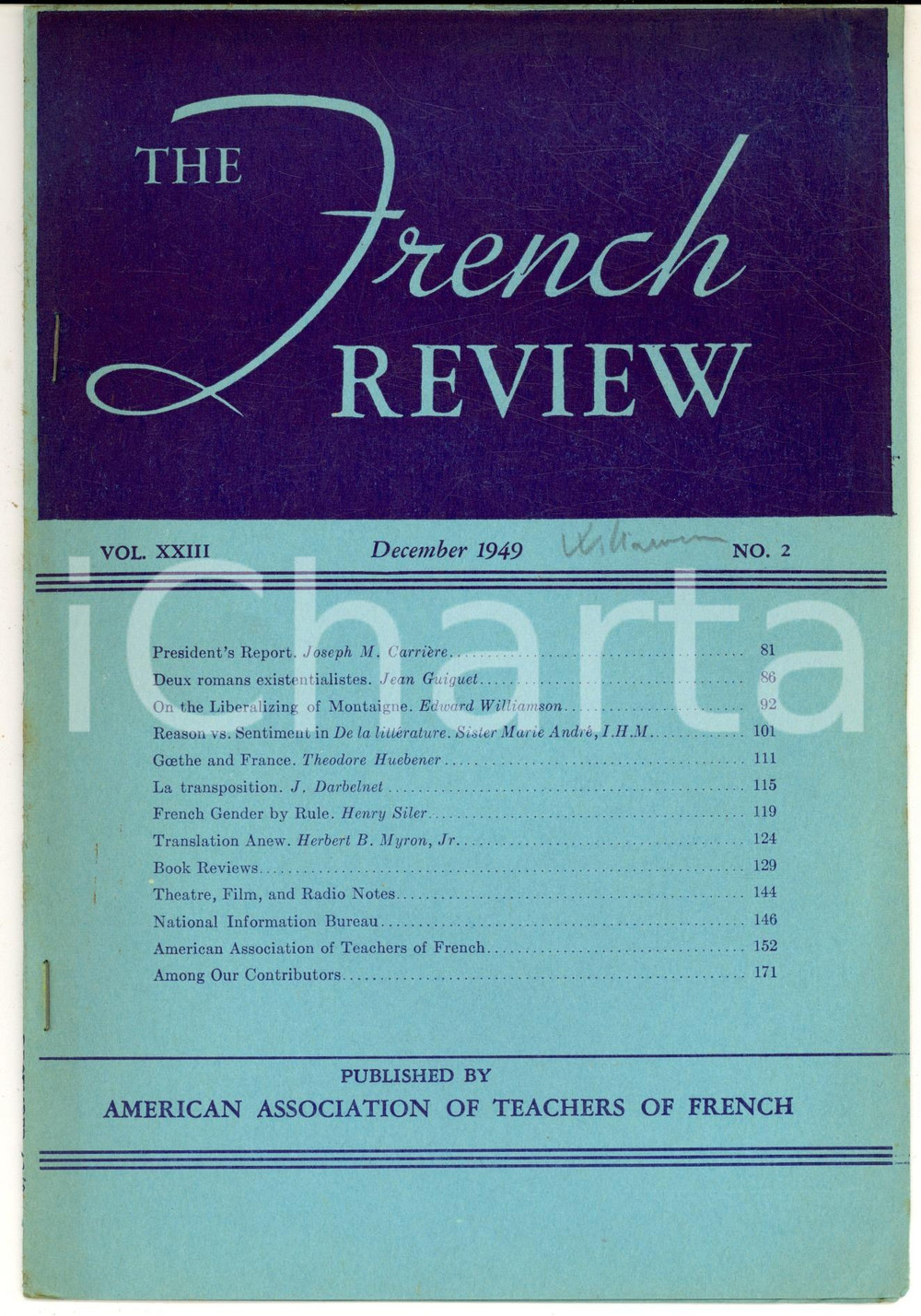 Libro, pubblicazione d epoca 1949 Edward WILLIAMSON On the liberalazing of Montaigne  Estratto 8 pp. 1
