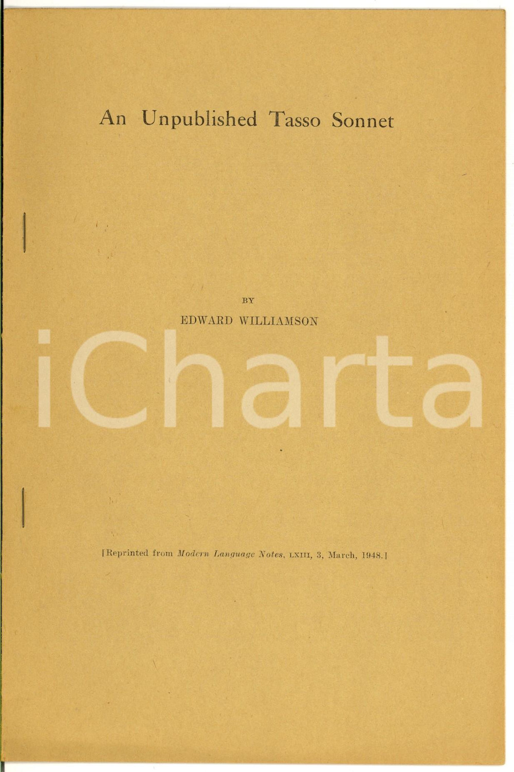 Libro, pubblicazione d epoca 1948 Edward WILLIAMSON An unpublished Tasso sonnet  Estratto 6 pp. 1