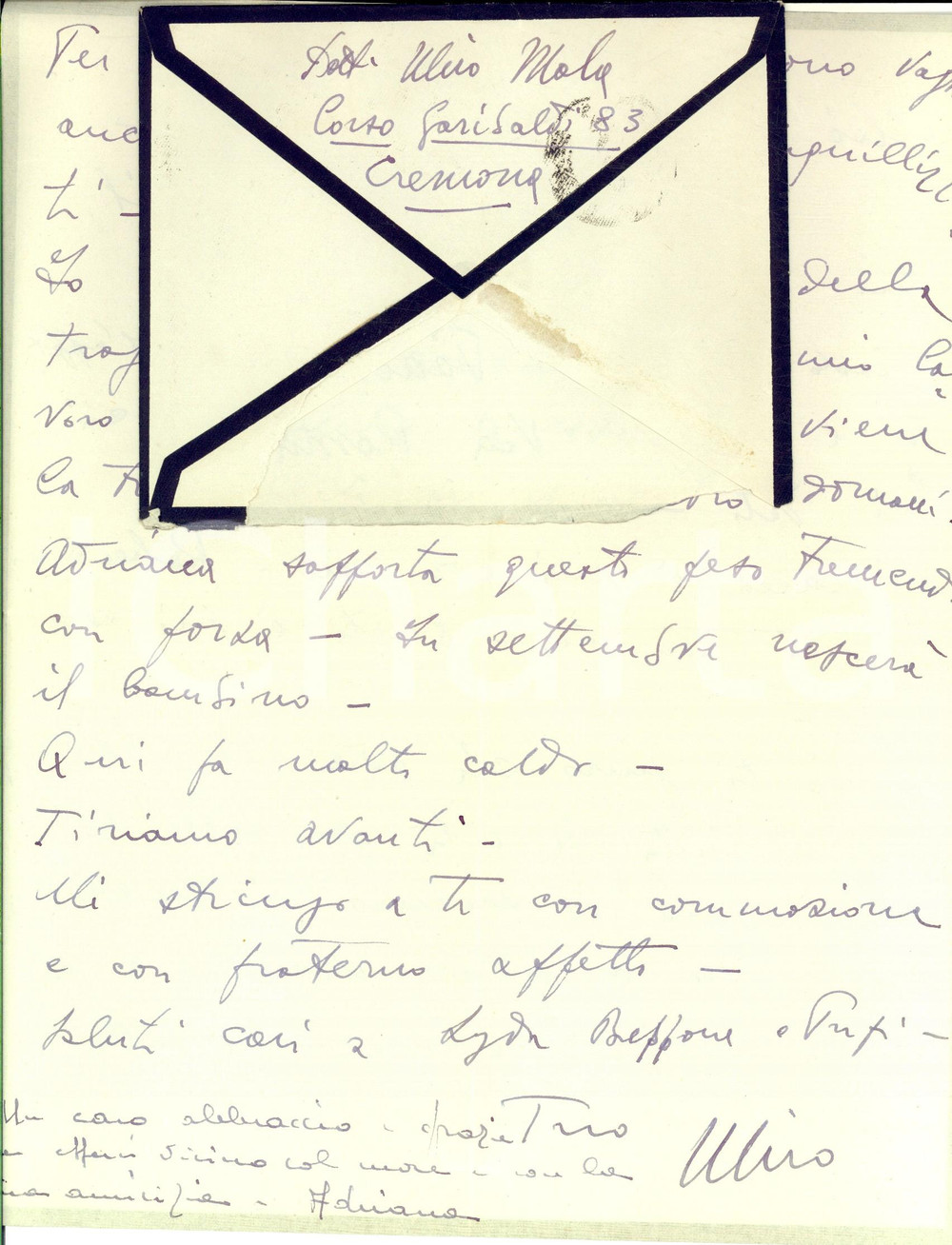 Manoscritto, lettera originale 1943 CREMONA Lettera Palmiro MOLA in occasione di un lutto in famiglia 1