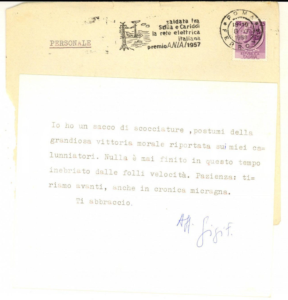 Autografo originale 1958 ROMA Luigi FEDERZONI e la vittoria morale sui calunniatori  AUTOGRAFO 1