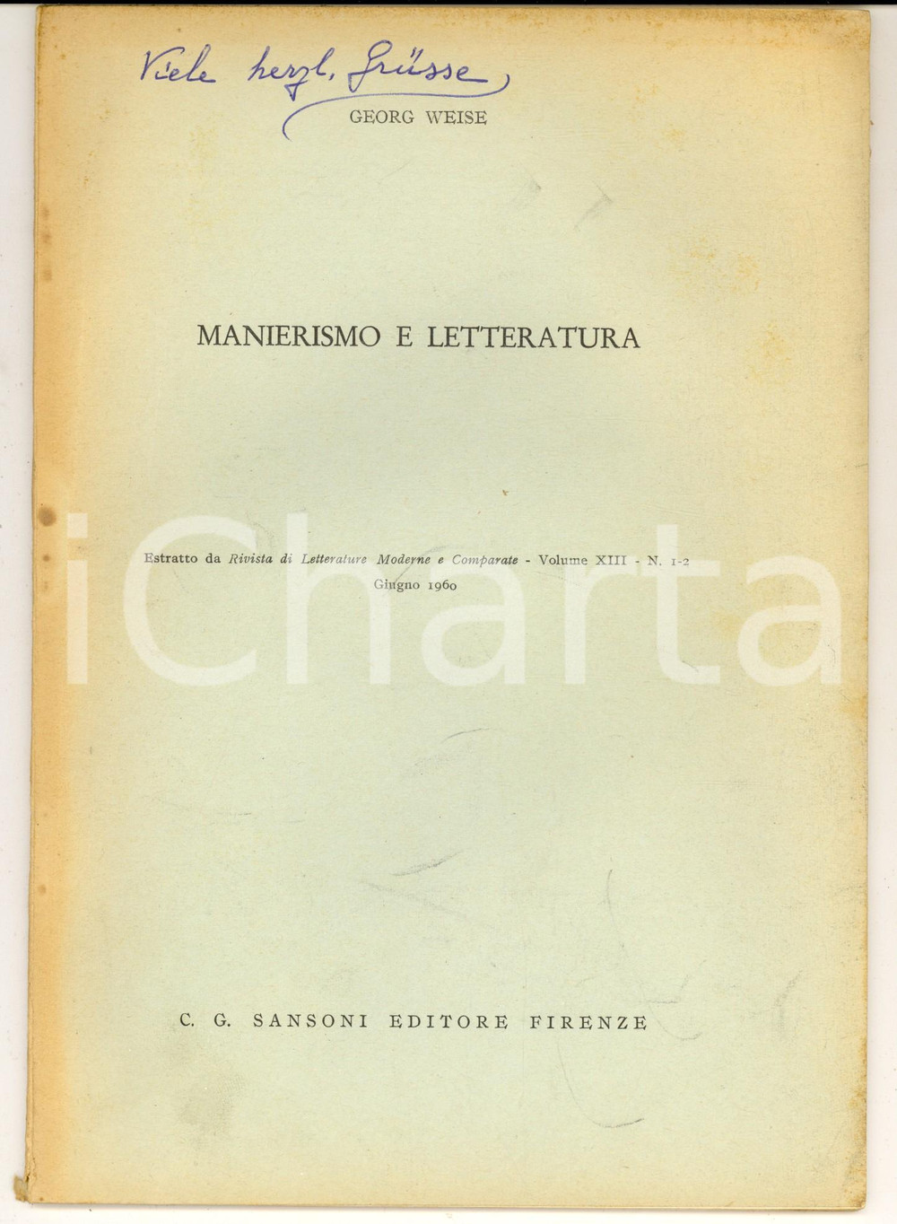 Libro, pubblicazione d epoca 1960 Georg WEISE Manierismo e letteratura  Invio AUTOGRAFO 52 pp. 1