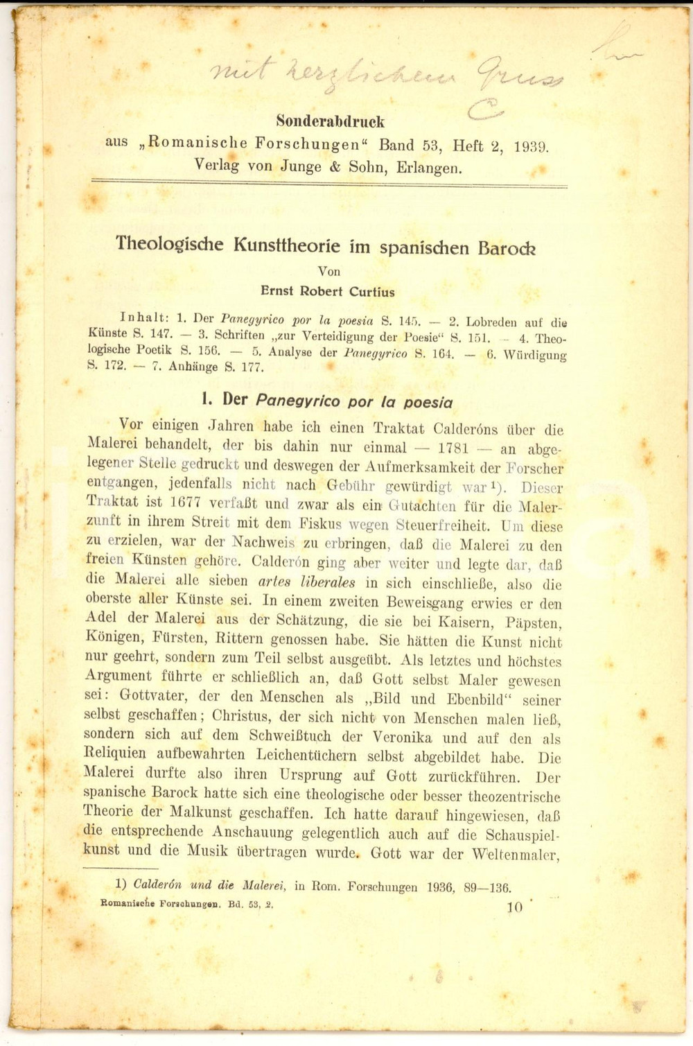 Libro, pubblicazione d epoca 1939 E. R. CURTIUS Theologische Kunsttheorie im spanischen Barock  AUTOGRAFO 1