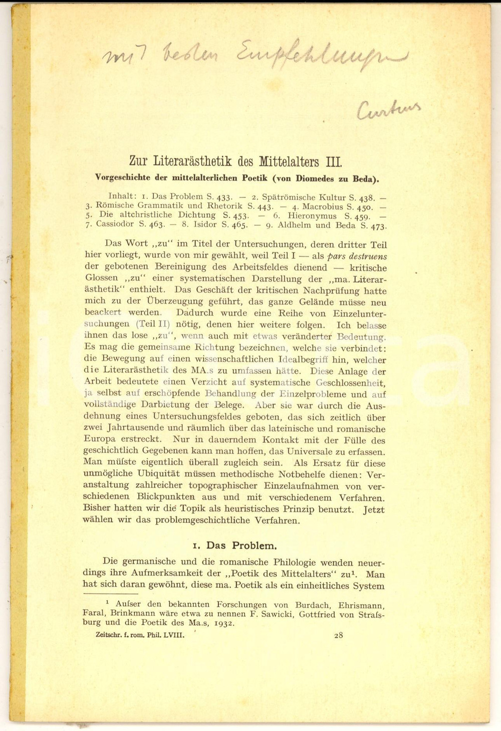 Libro, pubblicazione d epoca 1940 ca E. R. CURTIUS Zur Literarasthetik des Mittelalters III  AUTOGRAFO 1