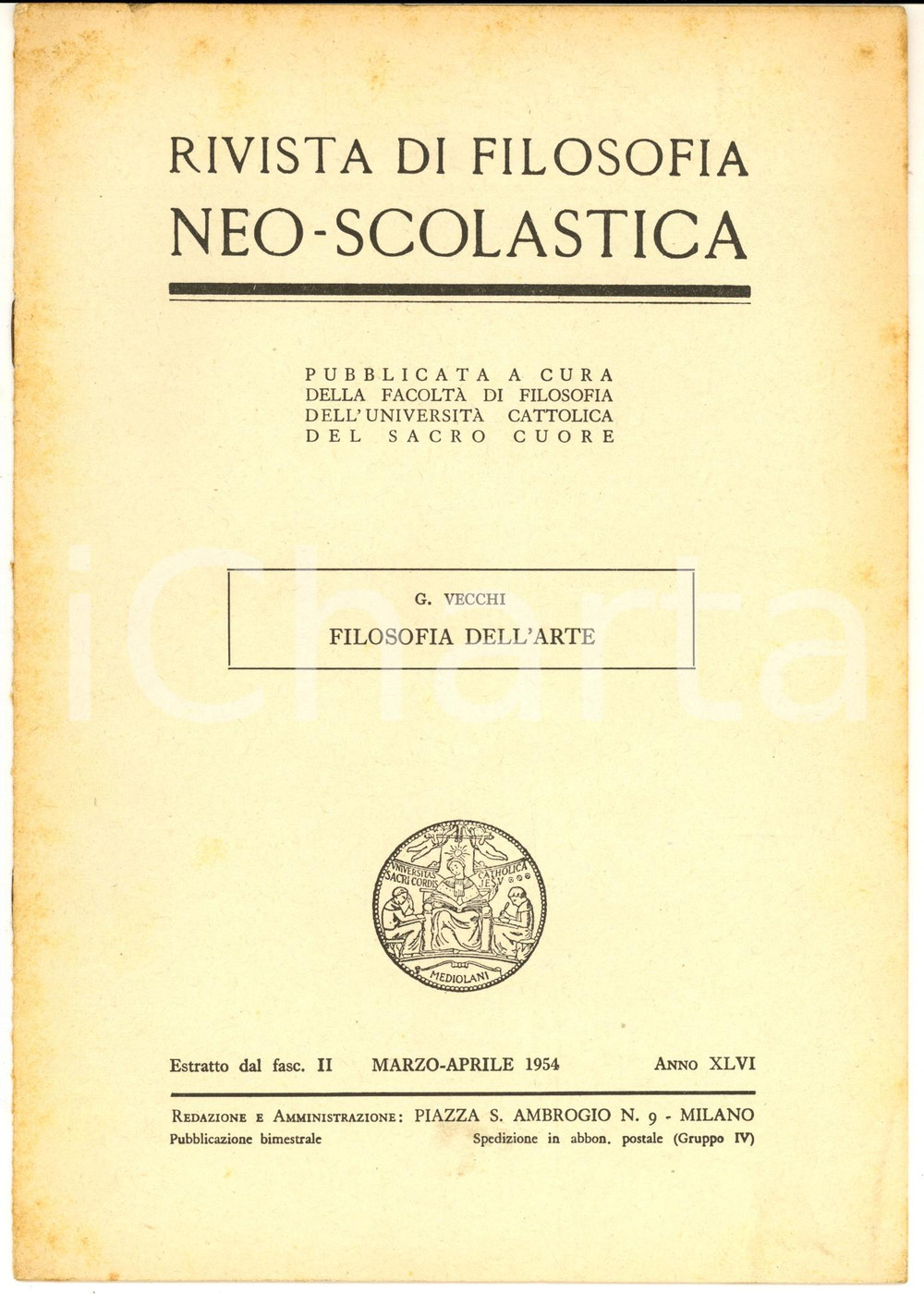 1954 MILANO Giovanni VECCHI Filosofia dell'arte - Estratto - 6 pp.