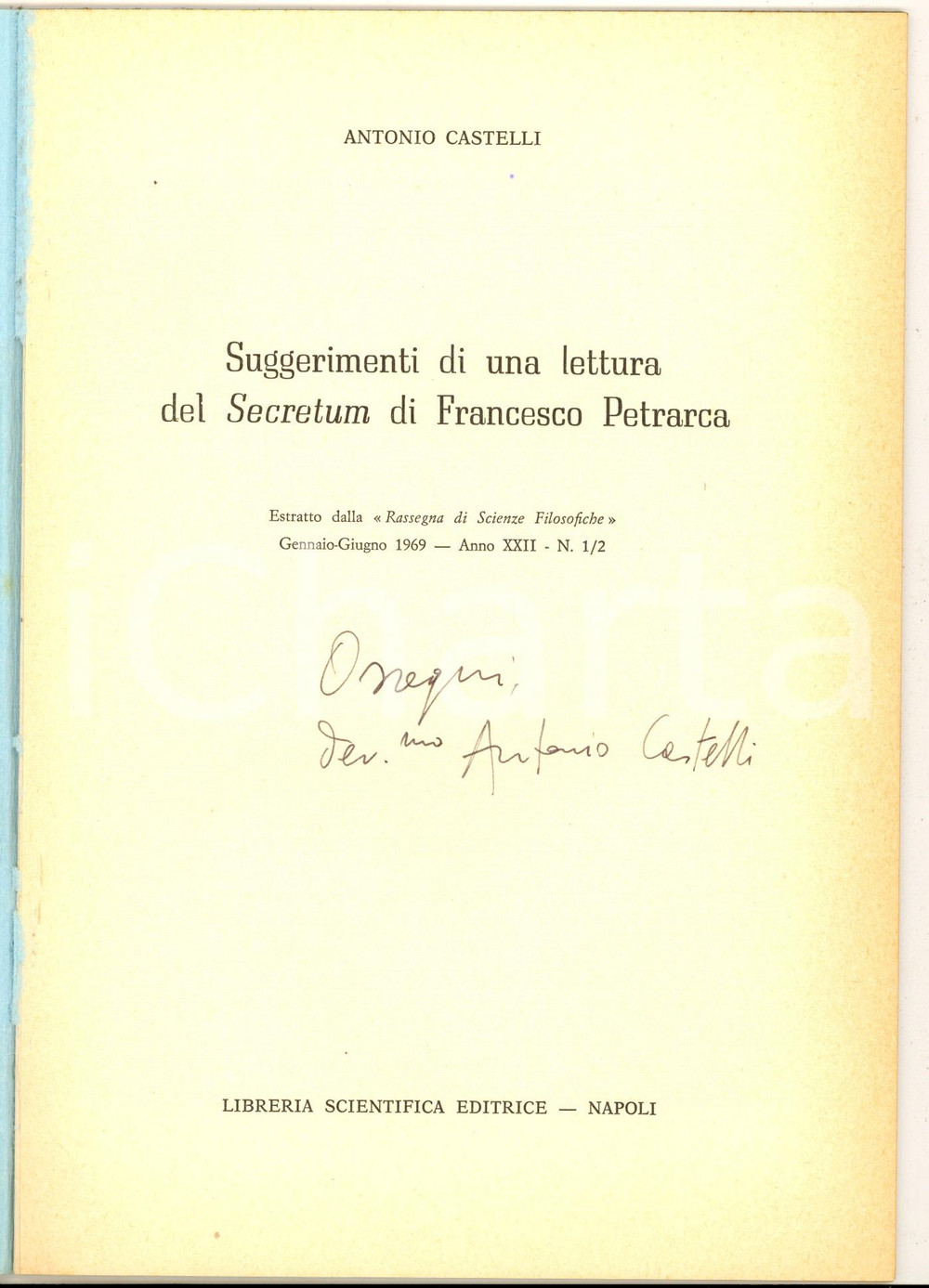 Libro, pubblicazione d epoca 1969 Antonio CASTELLI Lettura del Secretum di Francesco Petrarca  AUTOGRAFO 1