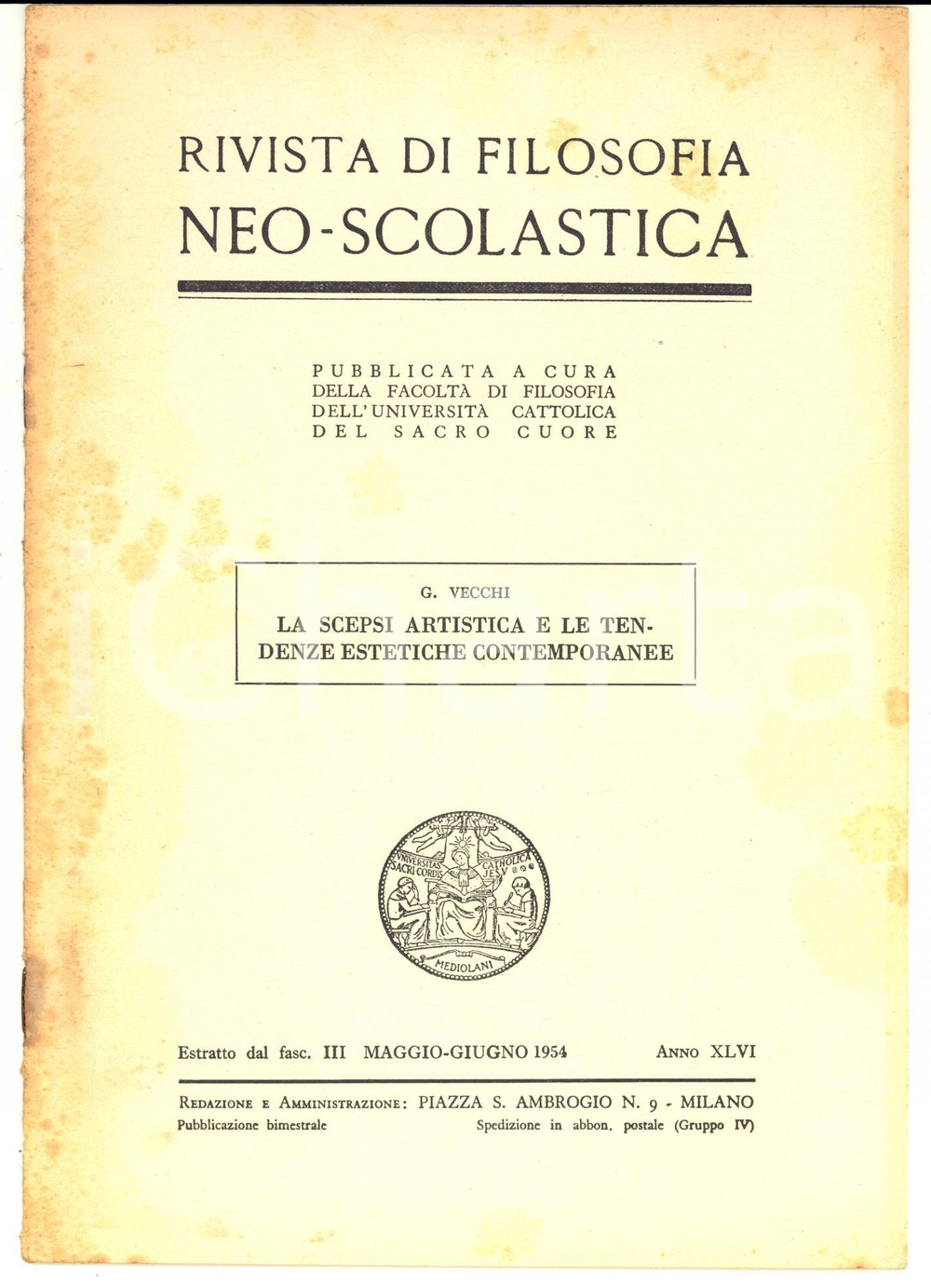 Libro, pubblicazione d epoca 1954 MILANO Giovanni VECCHI La scepsi artistica e le tendenze estetiche  10 pp. 1
