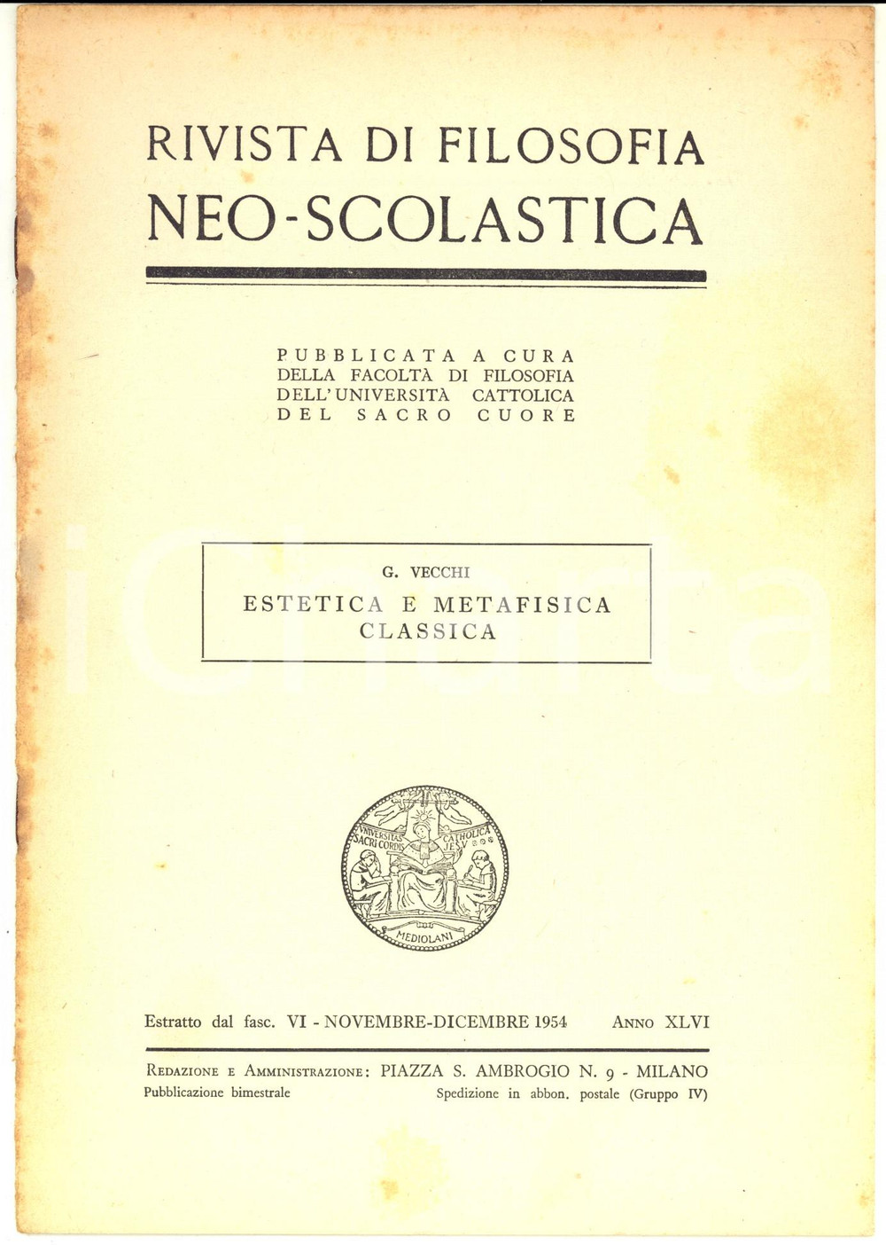 Libro, pubblicazione d epoca 1954 MILANO Giovanni VECCHI Estetica e metafisica classica  8 pp. 1