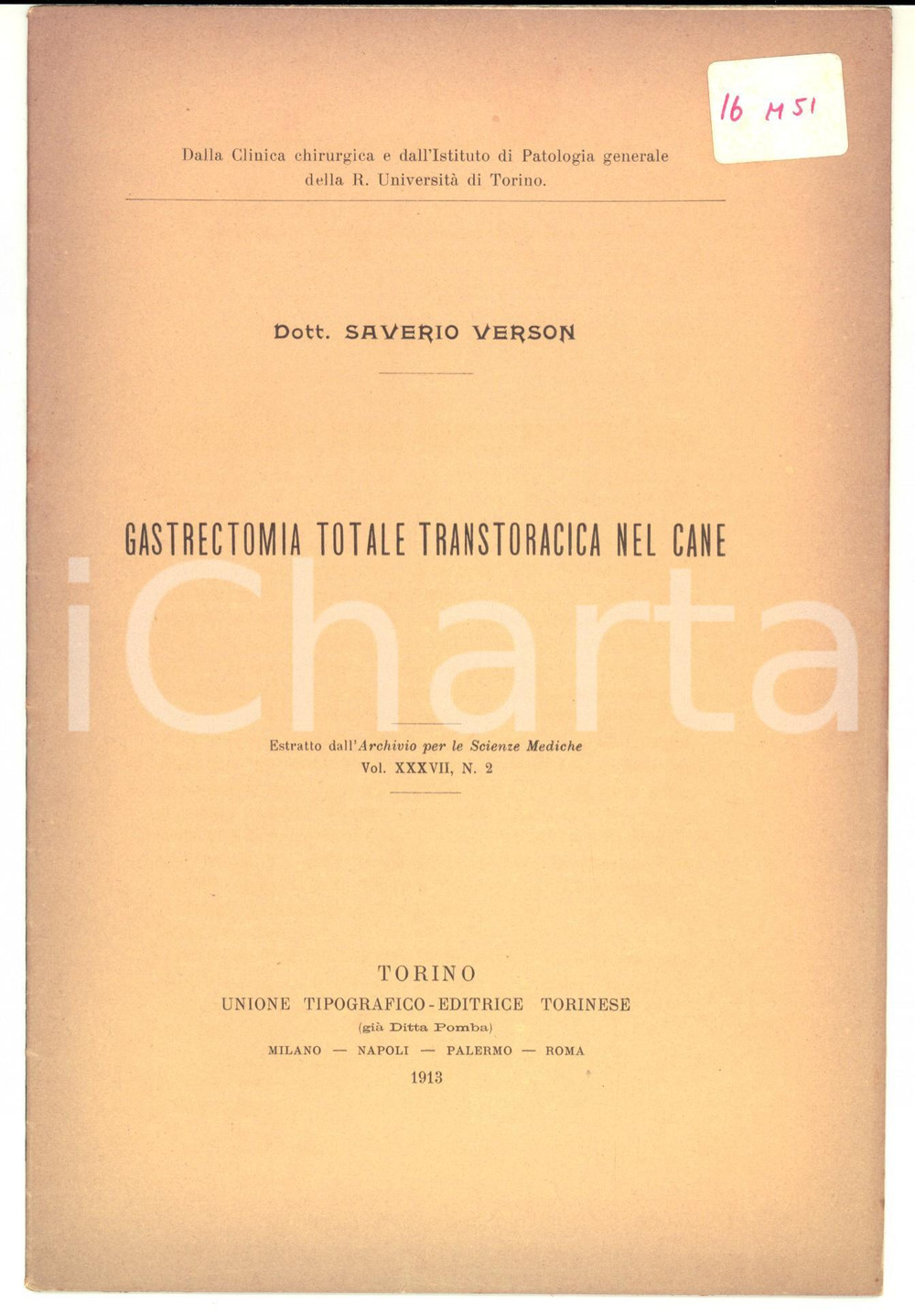 Libro, pubblicazione d epoca 1913 Saverio VERSON Gastrectomia totale transtoracica nel cane  16 pp. 1