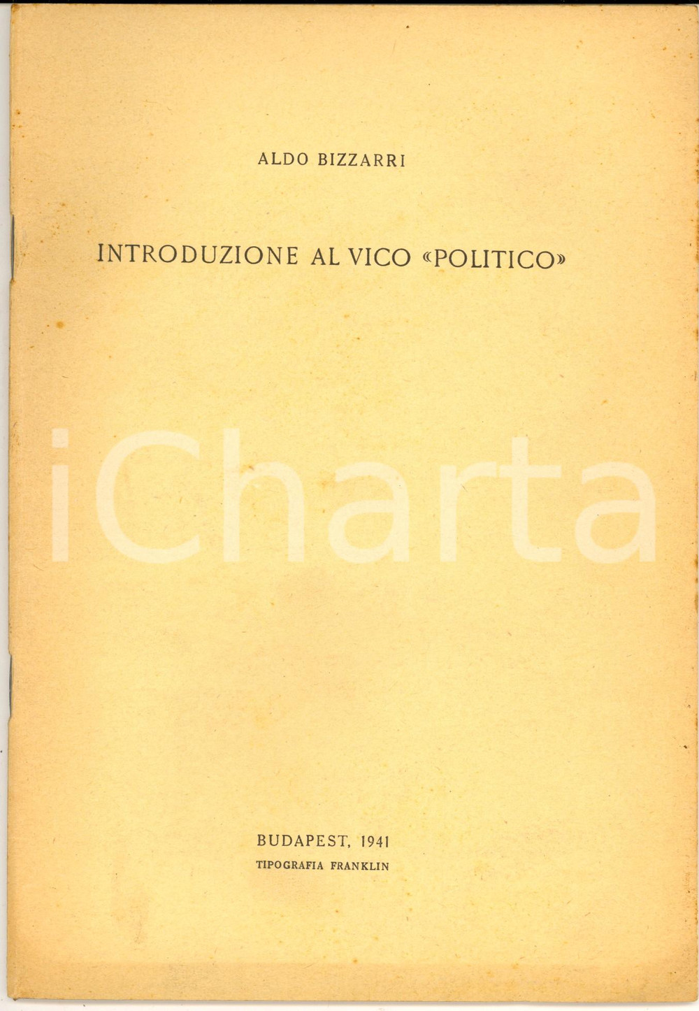 Libro, pubblicazione d epoca 1941 Aldo BIZZARRI Introduzione al Vico politico  Tip. FRANKLIN BUDAPEST 1