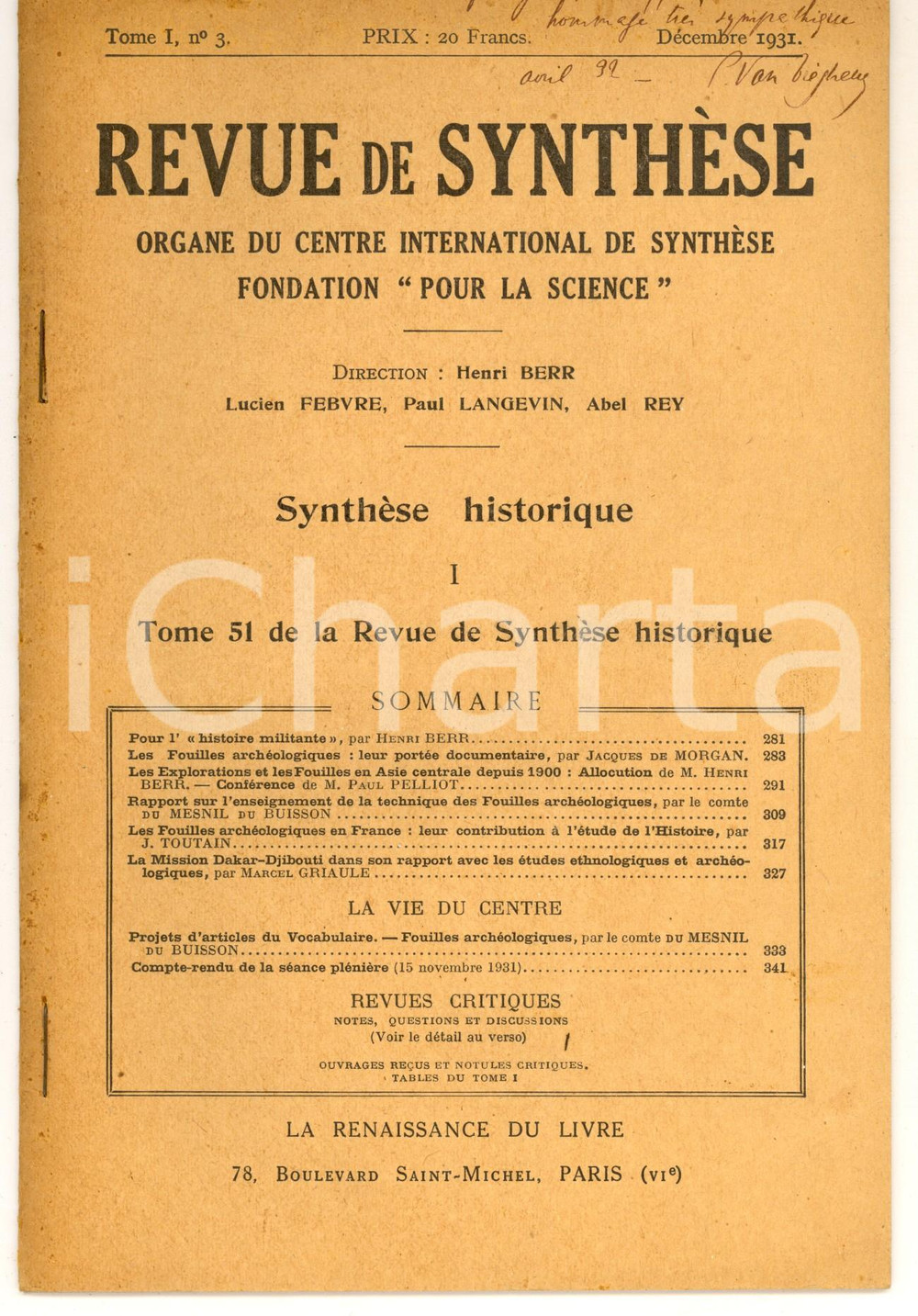 Libro, pubblicazione d epoca 1931 Paul VAN TIEGHEM Histoire gÃ©nÃ©rale et comparÃ©e compte rendu AUTOGRAFO 1