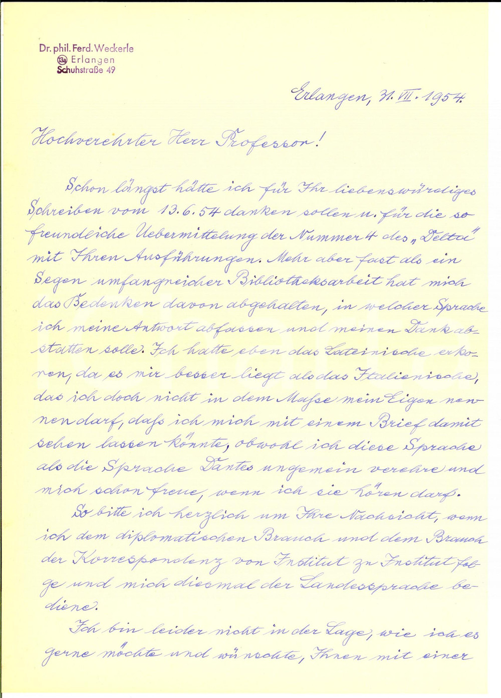 Autografo originale 1954 ERLANGEN Ferdinand WECKERLE Lettera a un collega  AUTOGRAFO 1