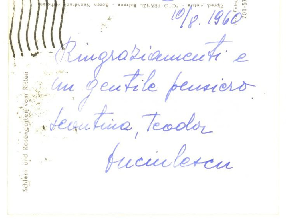 Autografo originale 1960 MERANO Prof. Teodor ONCIULESCU  Cartolina a un collega  Autografo 1