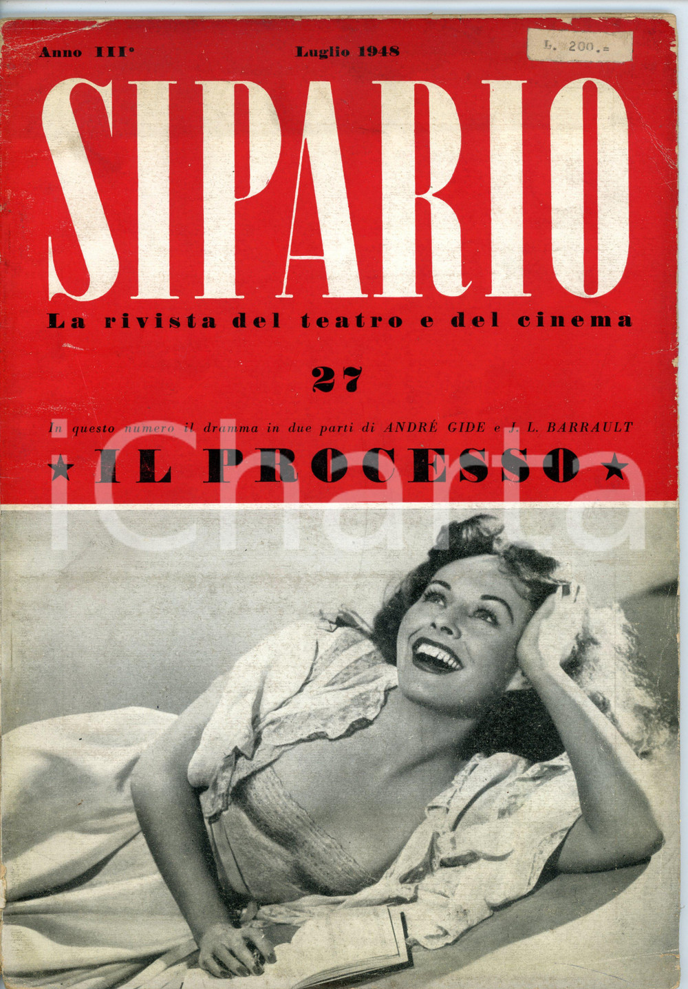 1948 SIPARIO AndrÃ© GIDE Jean-Louis BARRAULT Il processo - Rivista Anno III NÂ° 27 Rivista d'epoca con illustrazioni b/n. CONDIZIONI: POOR (piccoli strappi al foglio di guardia e macchie a pagina 3; strappi al dorso; macchie e piccoli strappi in copertina)FORMATO: 20x29 cmPAGINE: 56    originale e autentica 1