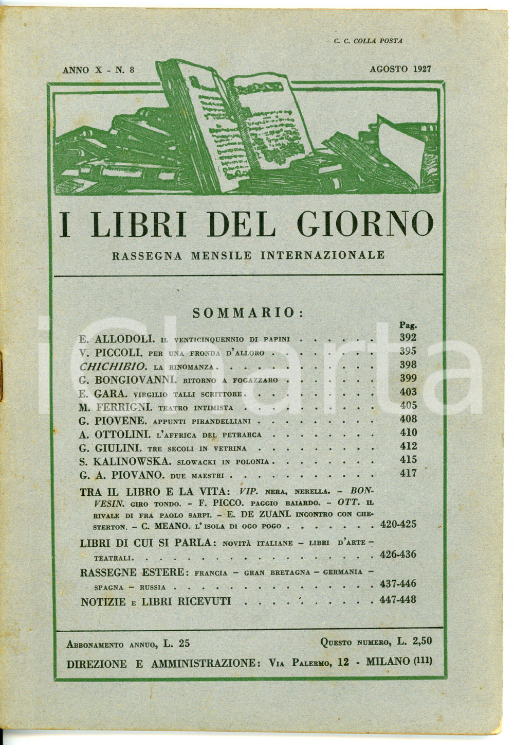 Giornale, rivista storica 1927 I LIBRI DEL GIORNO Eugenio GARA Virgilio Talli scrittore  Anno X nÂ° 8 1
