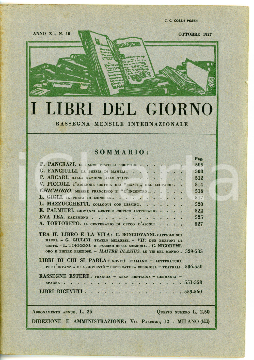 Giornale, rivista storica 1927 I LIBRI DEL GIORNO Enzo PALMIERI Giovanni Gentile critico letterario  n°10 1