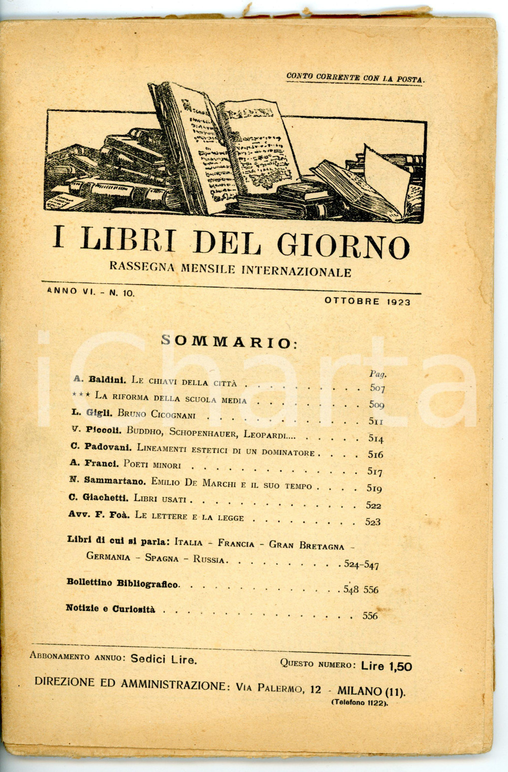 Giornale, rivista storica 1923 I LIBRI DEL GIORNO Antonio BALDINI Le chiavi della cittÃ   Anno VI nÂ° 10 1