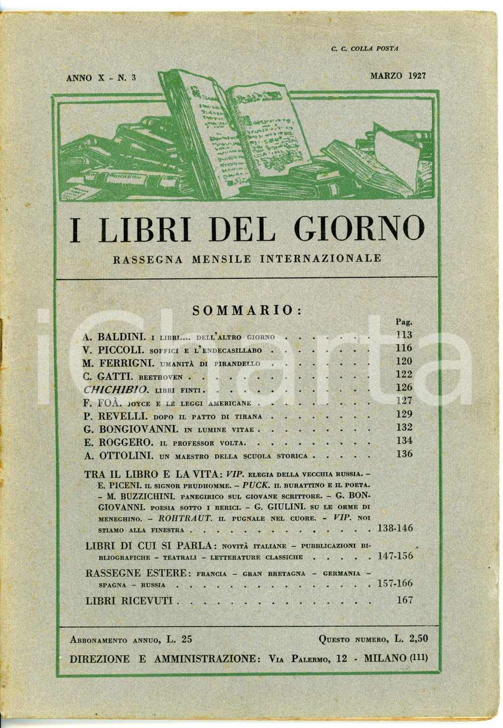 Giornale, rivista storica 1927 I LIBRI DEL GIORNO Ferruccio FOÃ€ Joyce e le leggi americane Anno X nÂ° 3 1