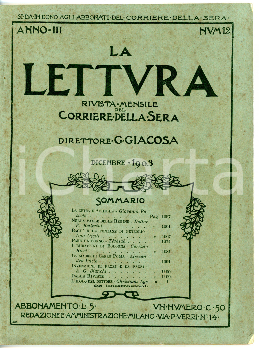 Giornale, rivista storica 1903 LA LETTURA Giovanni PASCOLI La cetra d ACHILLE  ILLUSTRATA Anno III nÂ°12 1