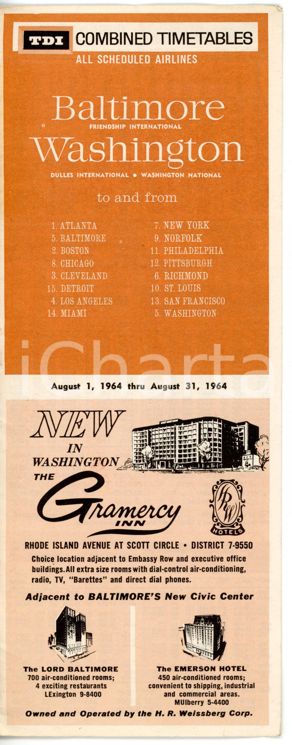 Materiale pubblicitario d’epoca 1964 TDI AIRLINES Combined timetables  BALTIMORE / WASHINGTON Brochure VINTAGE 1