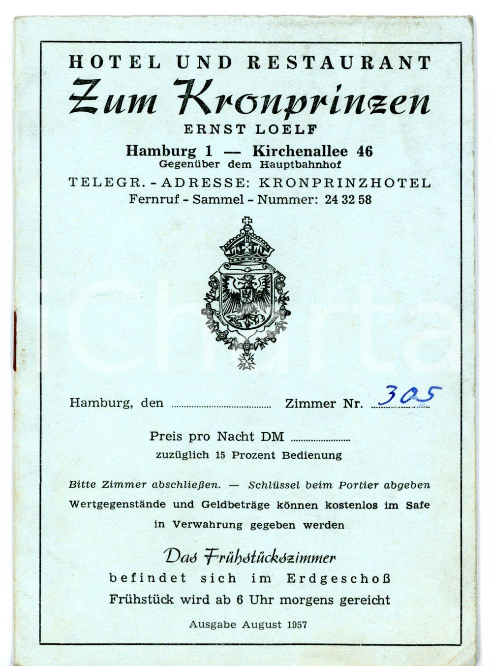 Materiale pubblicitario d’epoca 1957 HAMBURG Hotel ZUM KRONPRINZEN  Libretto turistico con mappa VINTAGE 10x15 1