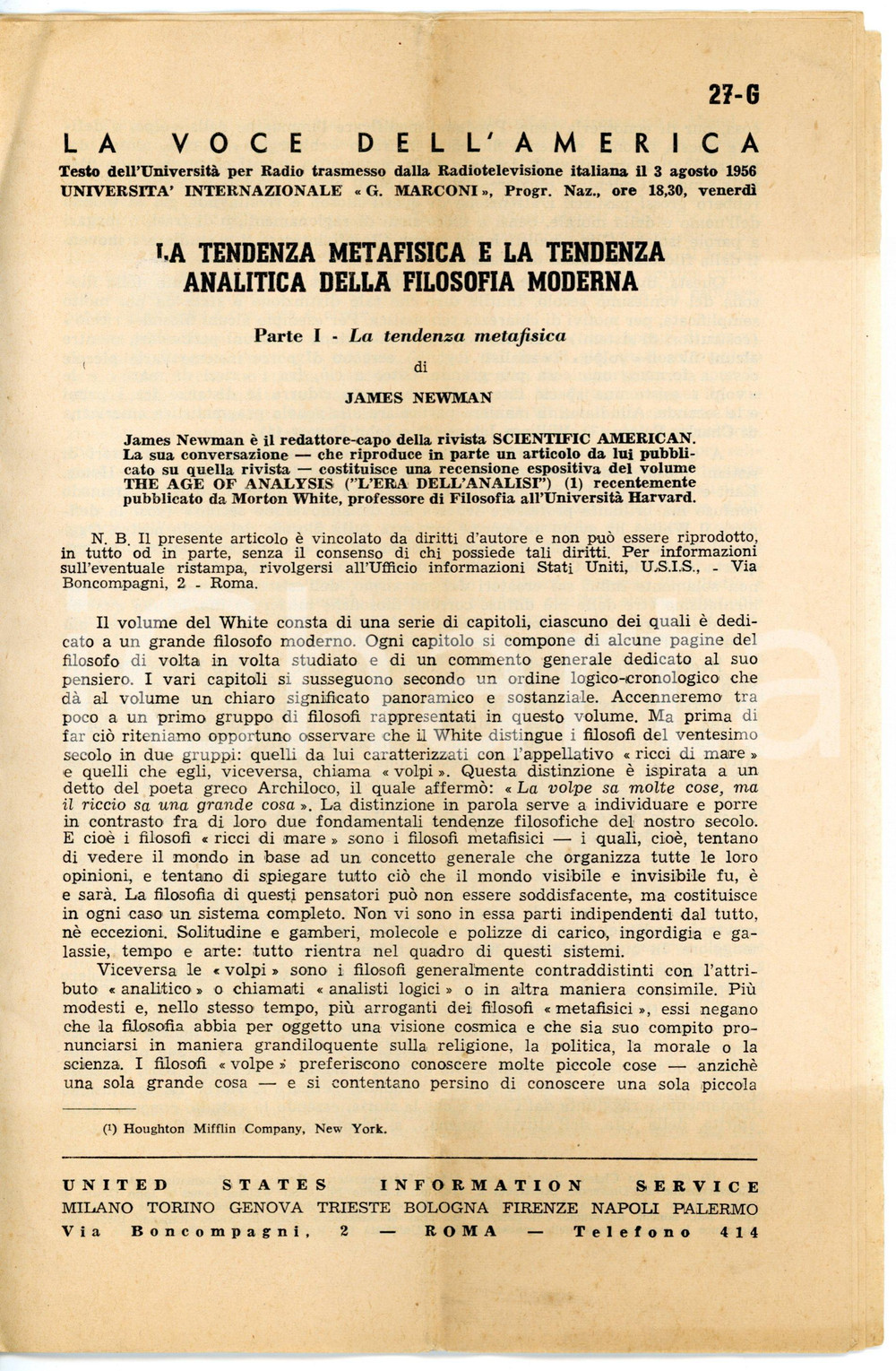 Giornale, rivista storica 1956 LA VOCE DELL AMERICA  USIS L anno geofisico internazionale Pubblicazione 1